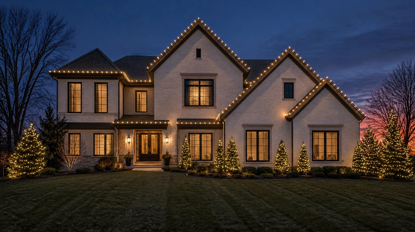 Same upscale home with warm-white roofline, gable, and tree lighting