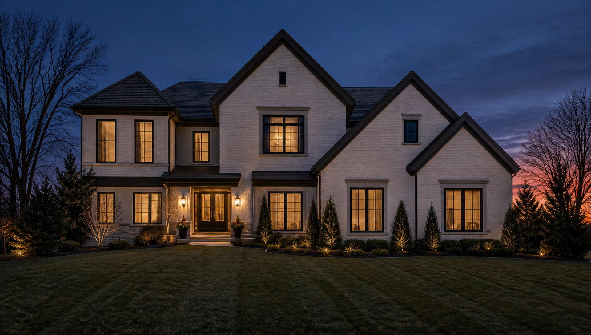 Upscale home at dusk before holiday lighting